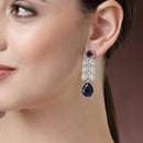 Rhodium Plated Silver Toned with Blue American Diamond Small Drop Earrings