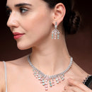 Rhodium Plated Silver Toned Teardrop Shaped Pink & Sea Green American Diamond Studded Jewellery Set