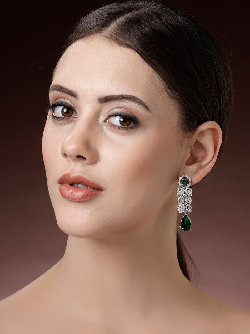 Rhodium Plated Silver Toned with Green American Diamond Small Drop Earrings
