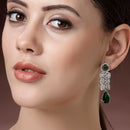 Rhodium Plated Silver Toned with Green American Diamond Small Drop Earrings