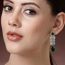 Rhodium Plated Sleek Oval Green American Diamond Contemporary Long Drop Earrings