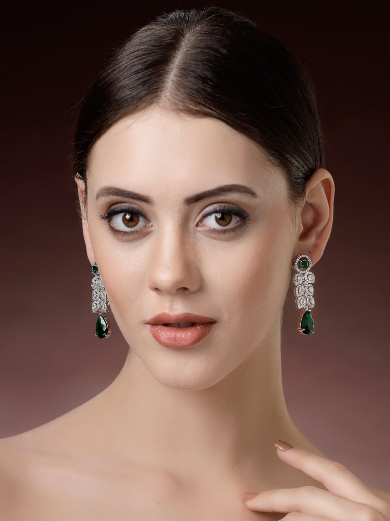 Rhodium Plated Silver Toned with Green American Diamond Small Drop Earrings