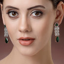 Rhodium Plated Sleek Oval Green American Diamond Contemporary Long Drop Earrings