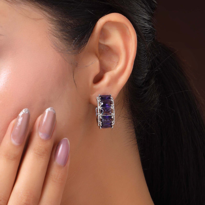 Rhodium Plated Silver Toned Purple American Diamond Embellished Hoop Earrings