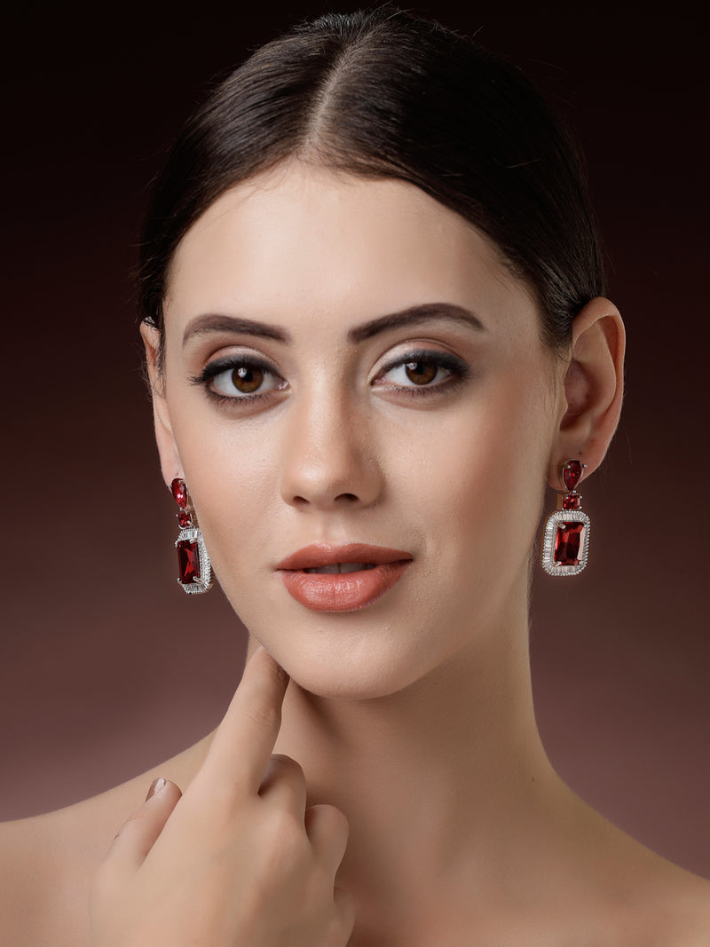 Rhodium Plated Silver Toned with Red American Diamond Small Drop Earrings