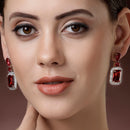 Rhodium Plated Rectangular Shape Red American Diamond Contemporary Long Drop Earrings
