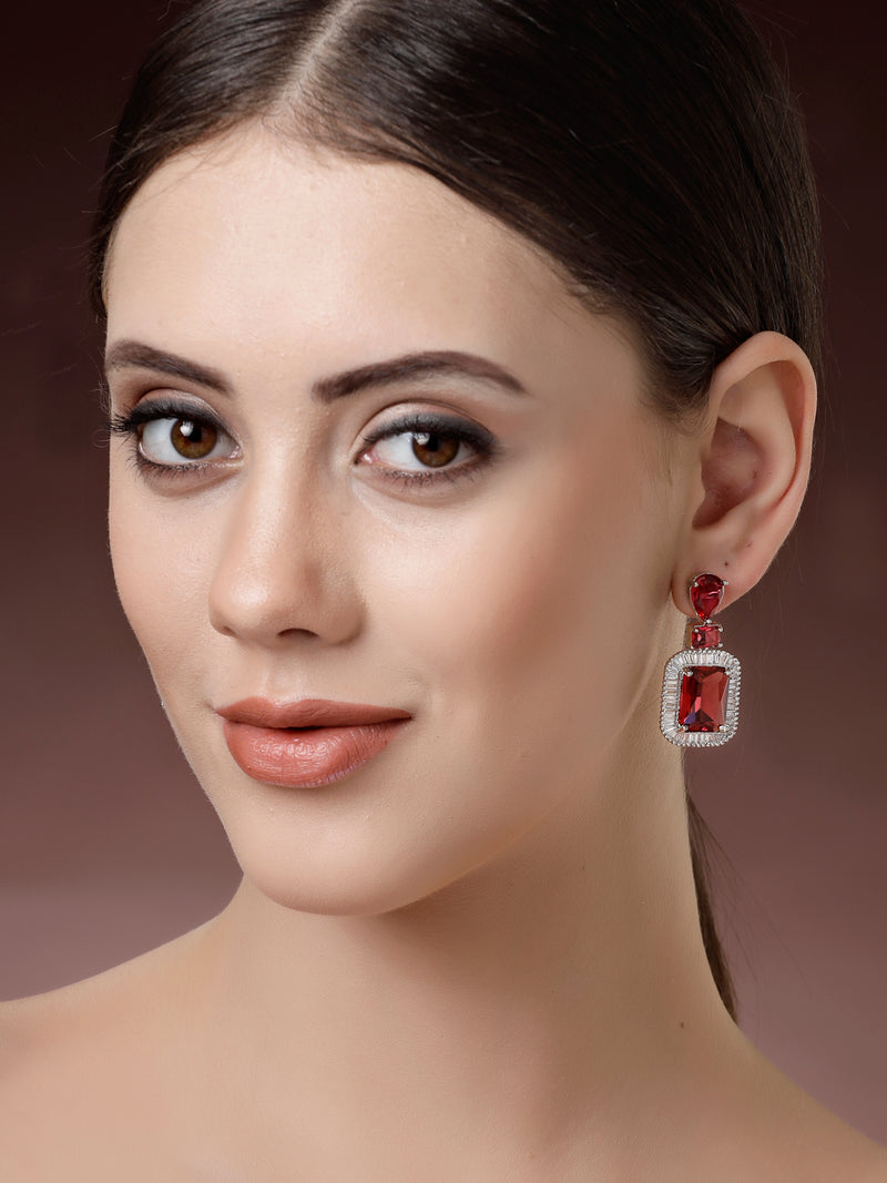 Rhodium Plated Silver Toned with Red American Diamond Small Drop Earrings