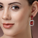 Rhodium Plated Rectangular Shape Red American Diamond Contemporary Long Drop Earrings