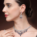 Rhodium Plated Silver Toned Teardrop Shaped Blue & White American Diamond Studded Jewellery Set