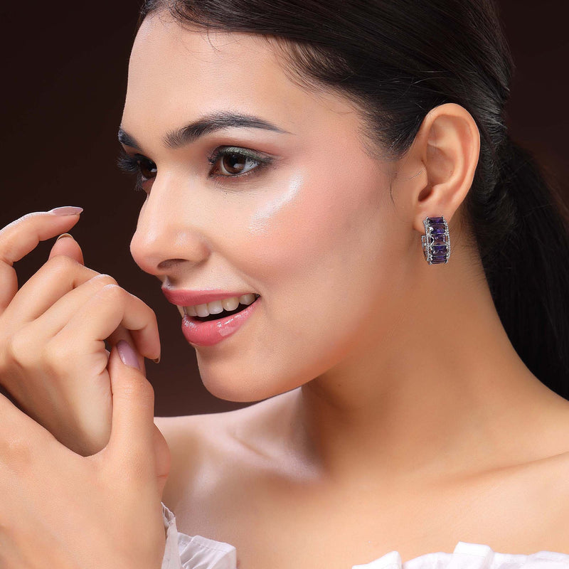 Rhodium Plated Silver Toned Purple American Diamond Embellished Hoop Earrings