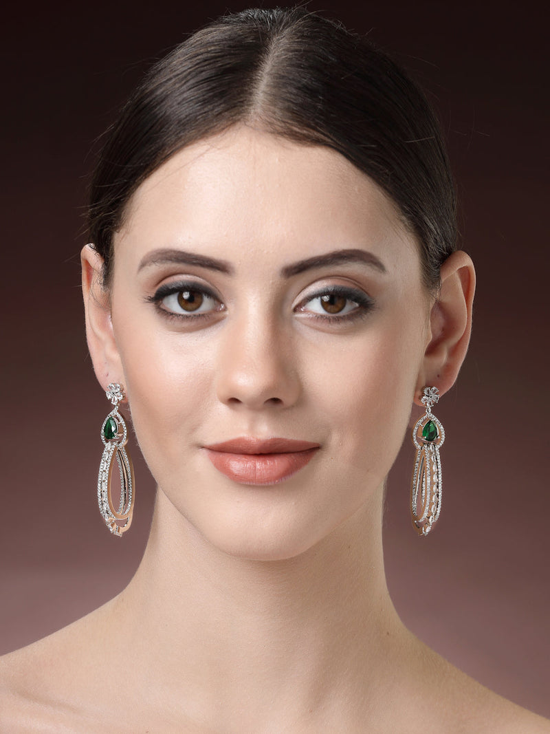Rhodium Plated with Cluster Design Green & White American Diamond Dangler Earrings