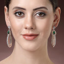 Rhodium Plated Fringed Tassel Green American Diamond Contemporary Long Drop Earrings