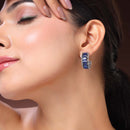 Rhodium Plated Silver Toned Navy Blue American Diamond Embellished Hoop  Earrings