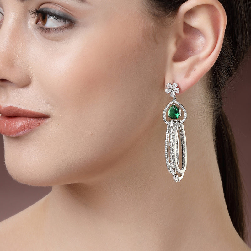 Rhodium Plated with Cluster Design Green & White American Diamond Dangler Earrings