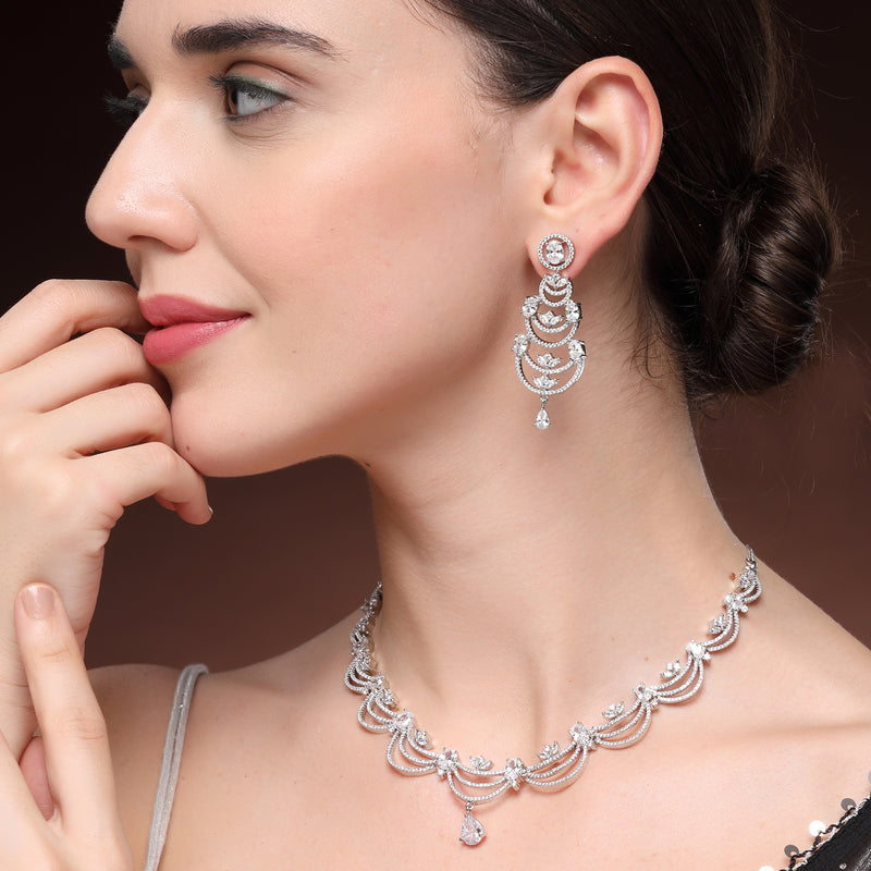 Rhodium Plated Silver Toned Crescent Shaped White American Diamond Studded Jewellery Set