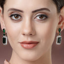 Rhodium Plated Silver Toned with Green American Diamond Small Drop Earrings