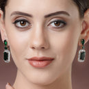 Rhodium Plated Rectangular Shape Green American Diamond Contemporary Long Drop Earrings