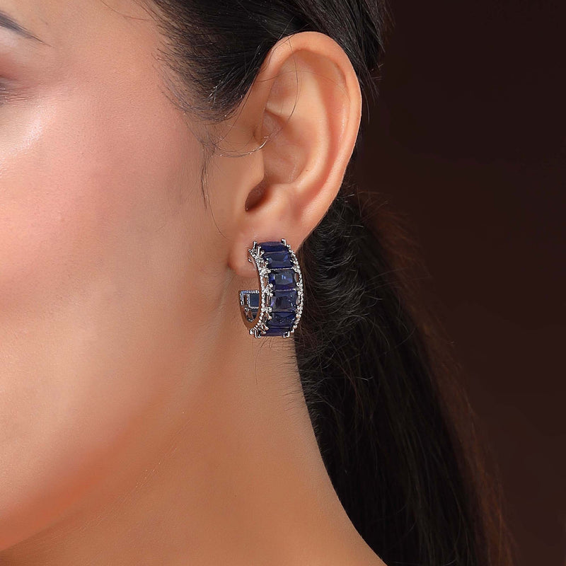 Rhodium Plated Silver Toned Navy Blue American Diamond Embellished Hoop  Earrings