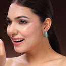 Rhodium Plated Silver Toned Sea Green American Diamond Embellished Hoop Earrings
