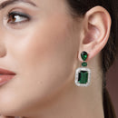Rhodium Plated Rectangular Shape Green American Diamond Contemporary Long Drop Earrings