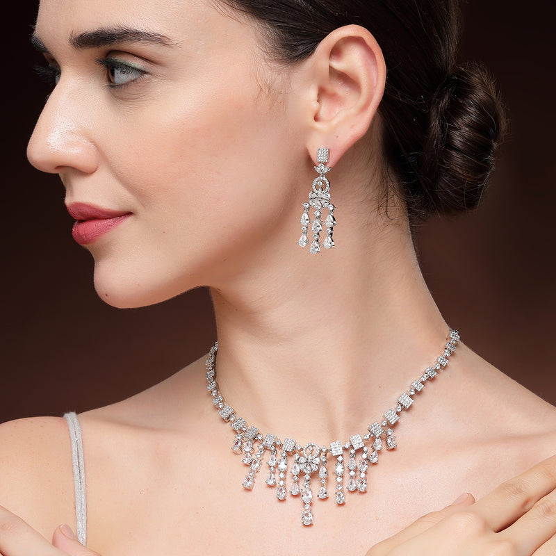 Rhodium Plated Silver Toned White American Diamond Studded Jewellery Set