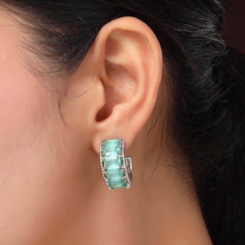 Rhodium Plated Silver Toned Sea Green American Diamond Embellished Hoop Earrings