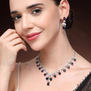 Rhodium Plated Silver Toned Leaf Teardrop Blue & White American Diamond Studded Jewellery Set