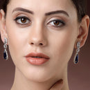 Rhodium Plated Pear Blue American Diamond Contemporary Long Drop Earrings