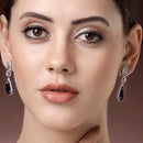 Rhodium Plated Silver Toned with Blue American Diamond Small Drop Earrings