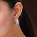 Rhodium Plated Silver Toned Pink American Diamond Embellished Hoop Earrings