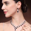 Rhodium Plated Silver Toned Leaf Teardrop Blue & White American Diamond Studded Jewellery Set