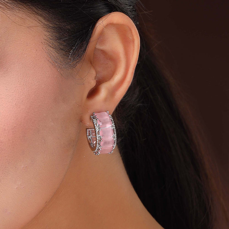 Rhodium Plated Silver Toned Pink American Diamond Embellished Hoop Earrings