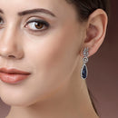 Rhodium Plated Pear Blue American Diamond Contemporary Long Drop Earrings