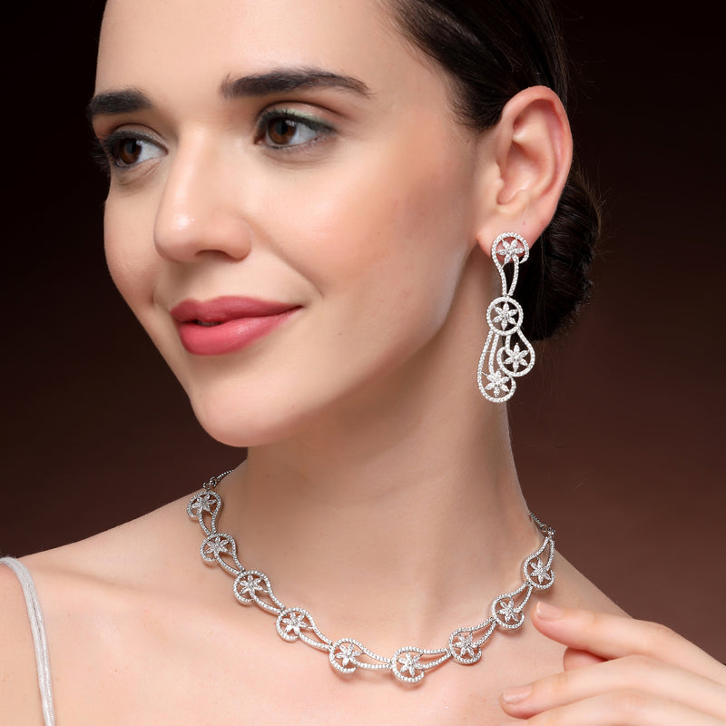Rhodium Plated Silver Toned Floral Shaped White American Diamond Studded Jewellery Set