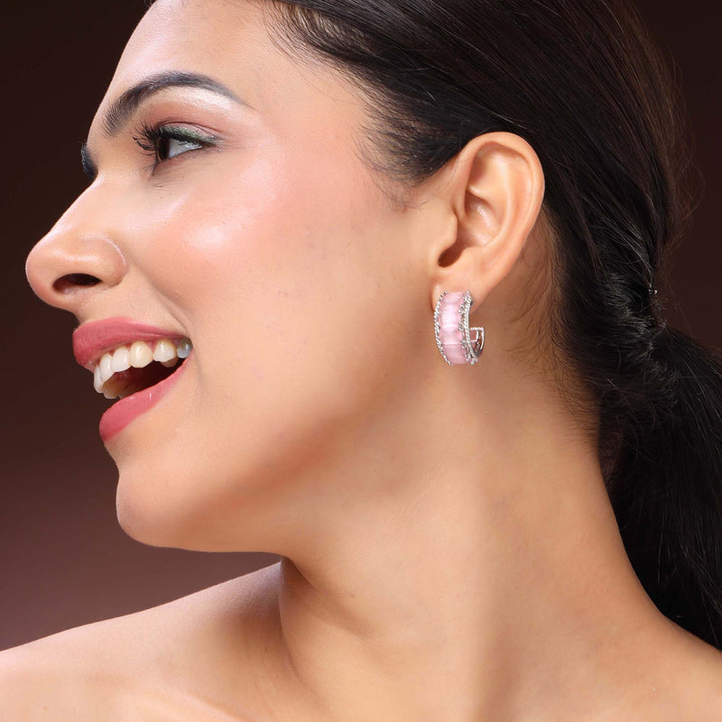 Rhodium Plated Silver Toned Pink American Diamond Embellished Hoop Earrings