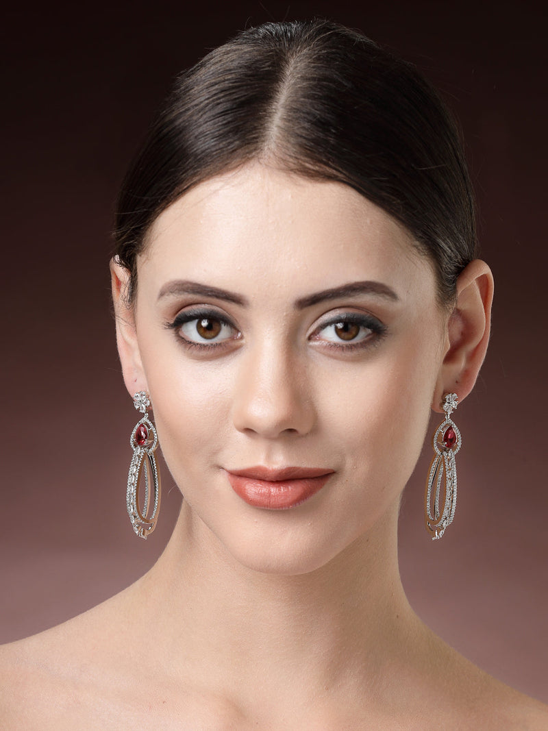 Rhodium Plated with Cluster Design Red & White American Diamond Dangler Earrings
