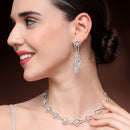 Rhodium Plated Silver Toned Floral Shaped White American Diamond Studded Jewellery Set