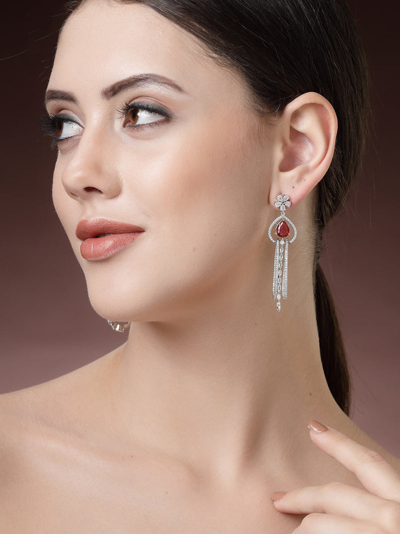 Rhodium Plated with Cluster Design Red & White American Diamond Dangler Earrings