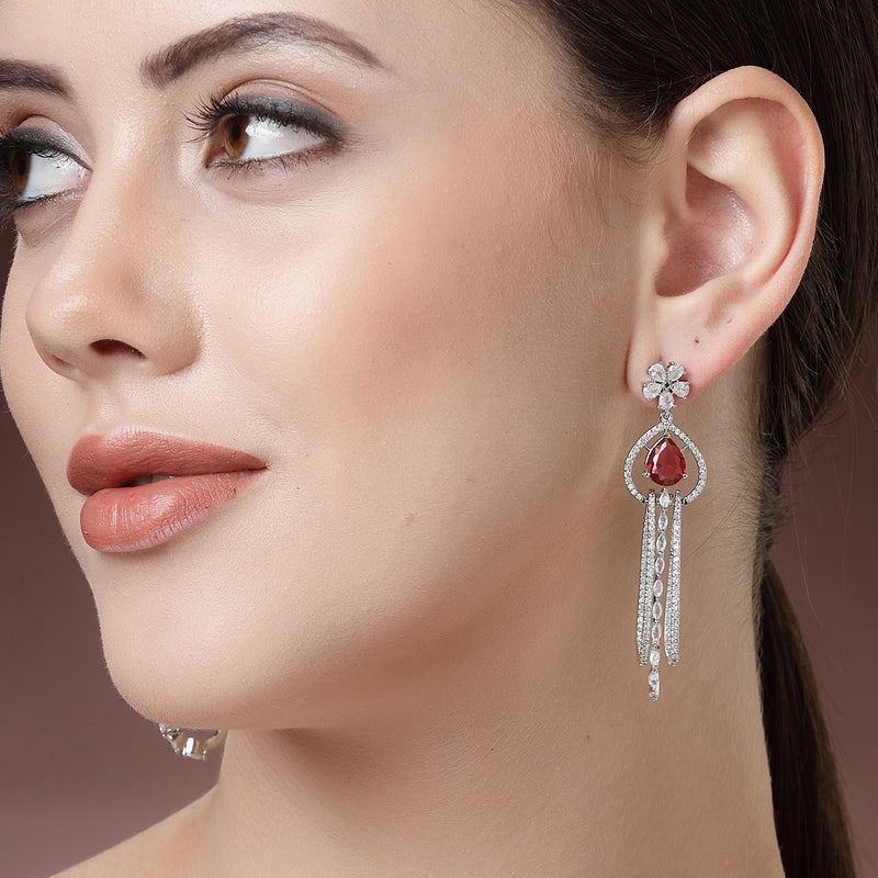 Rhodium Plated with Cluster Design Red & White American Diamond Dangler Earrings