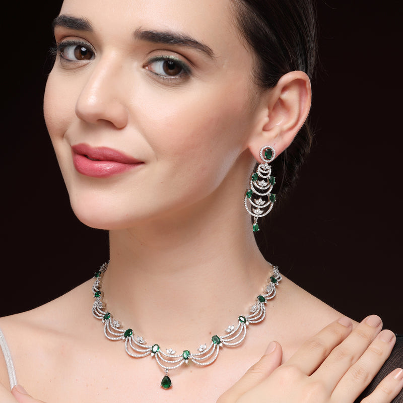 Rhodium Plated Silver Toned Crescent Shaped Green & White American Diamond Studded Jewellery Set