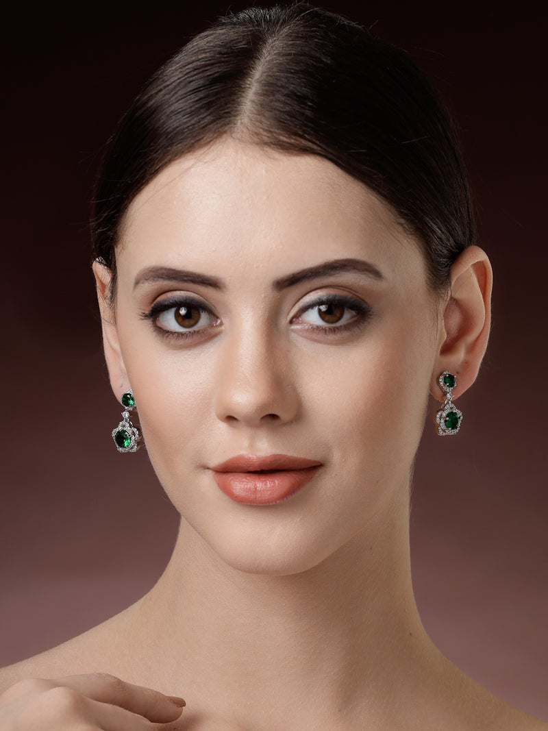 Rhodium Plated with Dual Green American Diamonds Drop Earrings