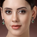 Rhodium Plated with Dual Green American Diamonds Drop Earrings