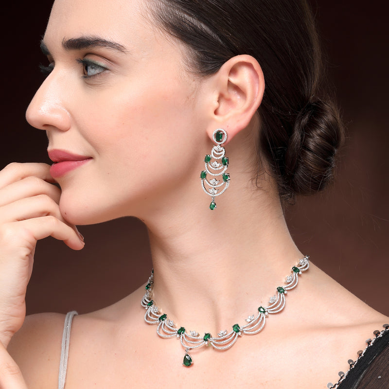 Rhodium Plated Silver Toned Crescent Shaped Green & White American Diamond Studded Jewellery Set