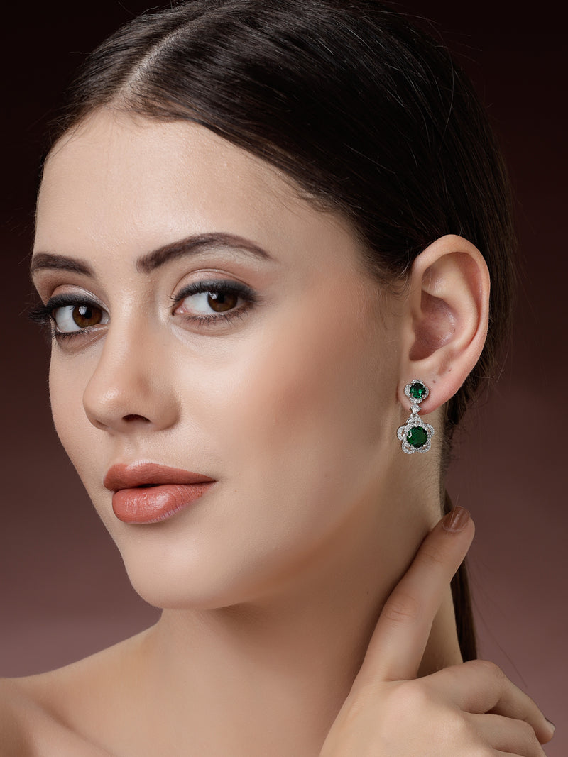 Rhodium Plated with Dual Green American Diamonds Drop Earrings