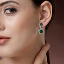 Rhodium Plated with Dual Green American Diamonds Drop Earrings