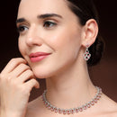 Rhodium Plated Silver Toned Teardrop Shaped Pink Cubic Zirconia Studded Jewellery Set