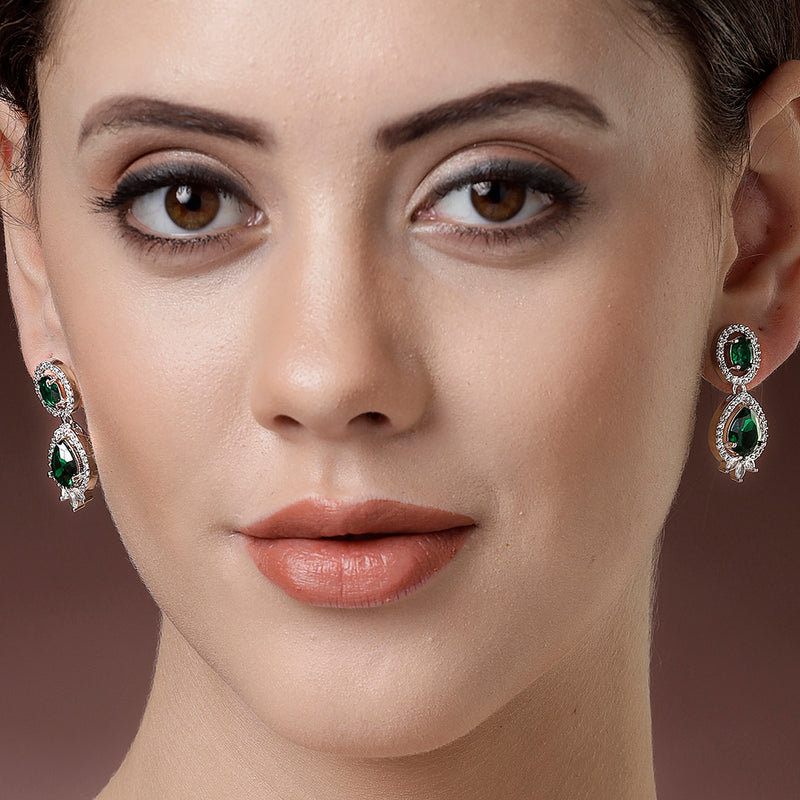 Rhodium Plated with Green & White American Diamond Small Drop Earrings