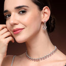 Rhodium Plated Silver Toned Teardrop Shaped Pink Cubic Zirconia Studded Jewellery Set