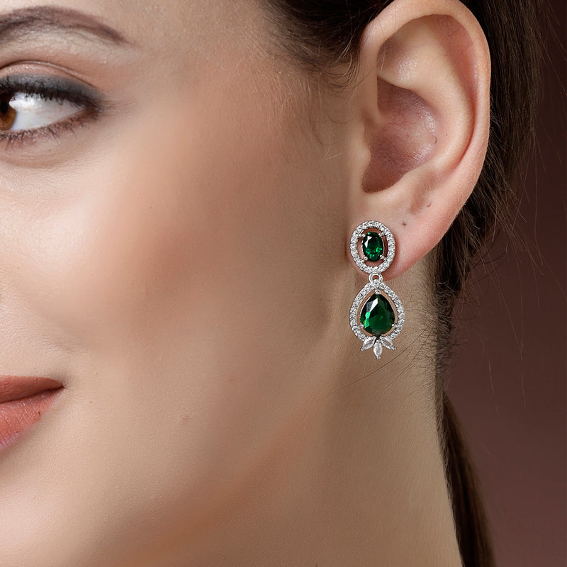 Rhodium Plated with Green & White American Diamond Small Drop Earrings