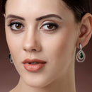 Rhodium Plated Silver Toned with Teardrop Shaped Green American Diamond Drop Earrings